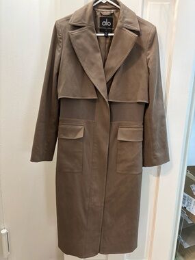 ALO Yoga Taupe Long Trench Coat with Flap Pockets